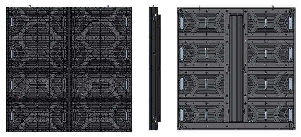 LK-FB2 outdoor cabinet shown from the module, side and rear views