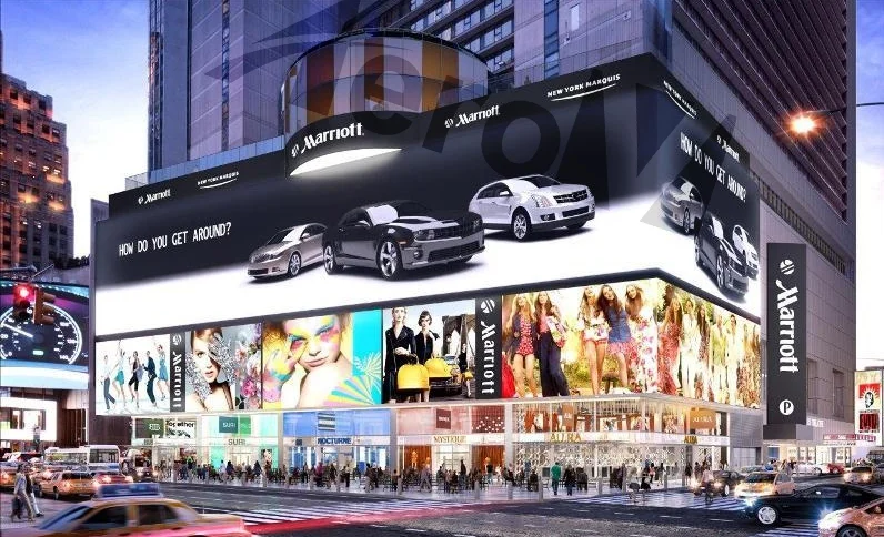 Large-format outdoor LED media display in a public commercial area